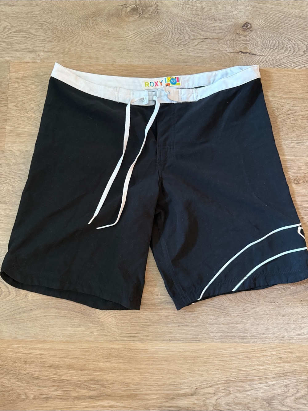 Roxy Women’s Y2K Black Swim Board Shorts with White Waistband and Trim